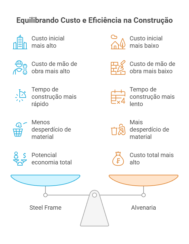 a imagem mostra a relação de custo e eficiência na construção, comparando os sistemas Steel Frame e Alvenaria