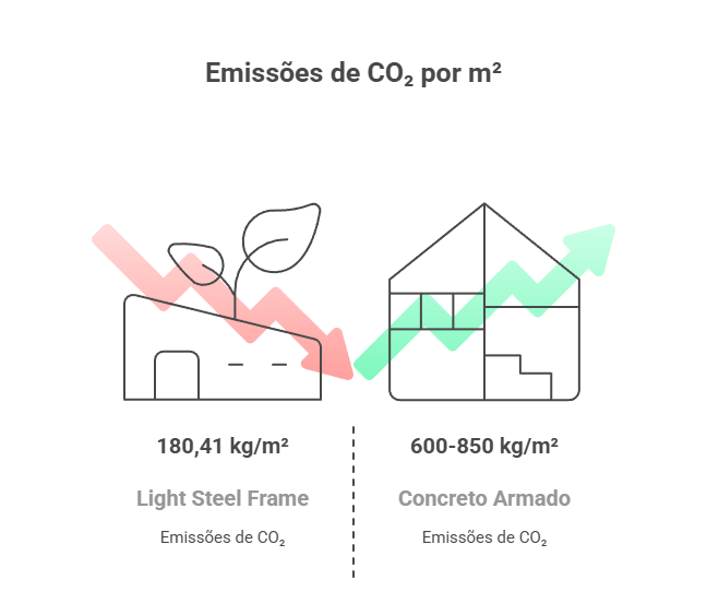 Comparativo de emissão de CO2 por m2 entre os sistemas construtivos LSF e Concreto Armado.
